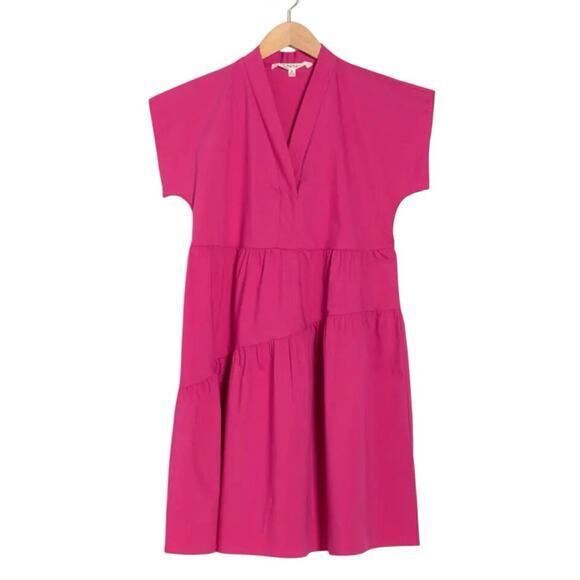 NWT Nordstrom Sandra Darren Asymmetric Tiered Dress Short Sleeve, Hot Pink Large - Picture 1 of 15